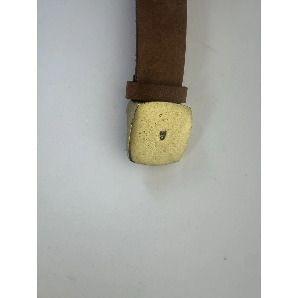 Vintage Brown Genuine Leather Belt Brass Buckle - Unisex Size Medium